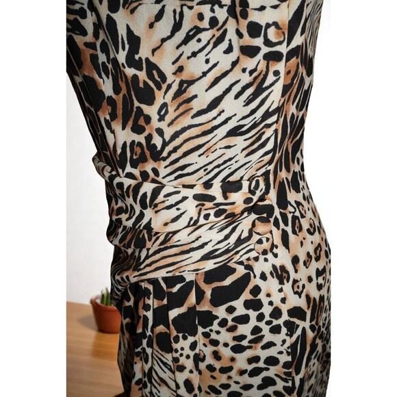 Vintage David Warren Animal Print Drape Dress Size 8 – Safari Glam Shoulder Pad - Picture 2 of 8